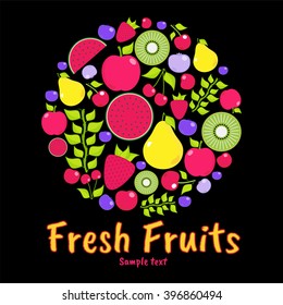 Vector flat elements for design. Fruits, berries colorful background for label, package, logo for healthy food. Apple, pear, strawberry, cherry, watermelon, branch, leaves