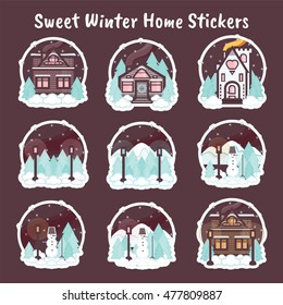 Vector flat elements for design. Set of sweet winter houses landscape, Christmas stickers, icons, labels, bookmarks. Printable cute, fabulous illustration, mint and choco colors