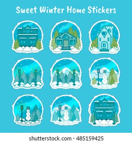 Vector flat elements for design. Set of sweet winter houses landscape, Christmas stickers, icons, labels, bookmarks. Printable cute, fabulous illustration, light blue colors