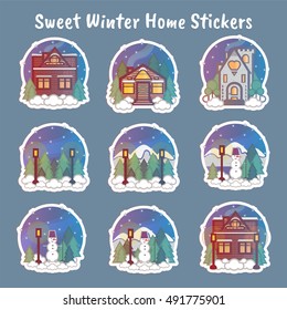 Vector flat elements for design. Set of sweet winter houses, Printable cute, fabulous illustration 