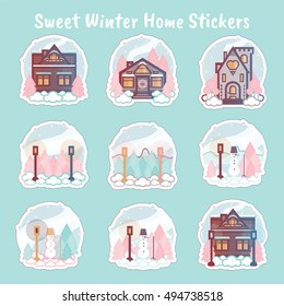 Vector flat elements for design. Set of sweet winter houses 