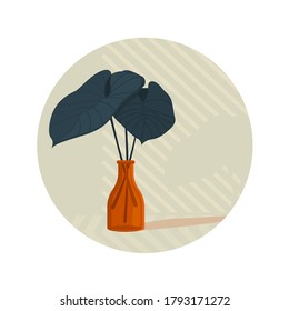 Vector flat elements. Glass vases with big leaves. Home decor. Modern style. 