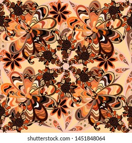 Vector. Flat elements. Print. Doodles beige, brown and orange on colors. Nice fabric pattern. Design.