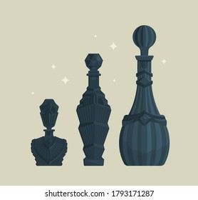Vector flat elements. A set of bottles for fragrant women's perfume or potion poison. Crystal decanter. Retro style. 