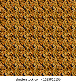 Vector. Flat elements. Tender fabric pattern. Design. Doodles black, yellow and orange on colors. Seamless pattern Print.