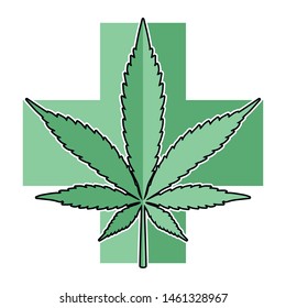 Vector flat emblem icon medical green Cannabis with cross on white background
