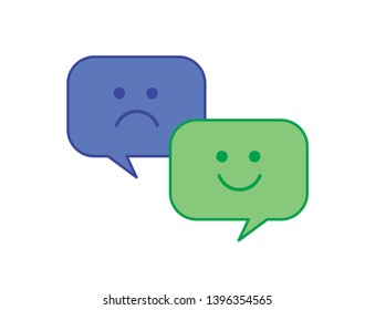 Vector flat emoticon symbol. Talk bubbles with sad and happy feelings. Icons for illustration of different mood, tempers, mental disorders (like bipolar disorder or depression). Blue and green icons.