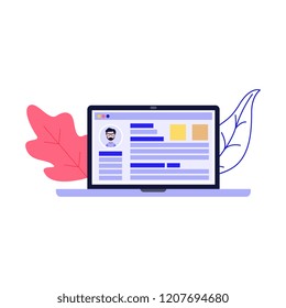 Vector flat employee, customer or social network user account profile page in digital blue laptop device application screen with abstract florals on background. Personal ID, data illustration