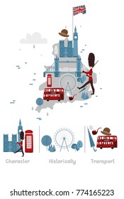 vector flat England map with symbols concept set. Marching beefeater, british phone booth, Tower Bridge and Big Ban Tower of London, gentleman hat, umbrella, smoking pipe, union jack flag icon.
