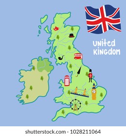 vector flat England, UK map with symbols concept set. Marching beefeater, british phone booth, Tower Bridge and Big Ban Tower of London, gentleman hat, umbrella, smoking pipe, union jack flag icon.