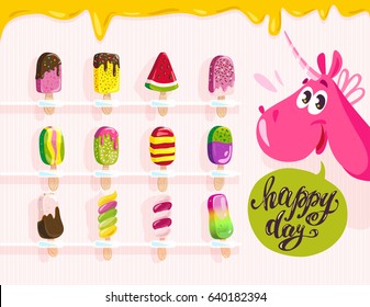 Vector flat eskimo set isolated on white background. Cute funny unicorn character greeting. Ice cream shop, store, truck logo, brand mark. Cartoon style. Dessert illustration. Package, menu design.