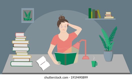 Vector flat exhausted tired girl student or worker sitting at table with book pile, coffee cup, lamp and plant at late night. Overwork studying exam concept. Education stress concept illustration
