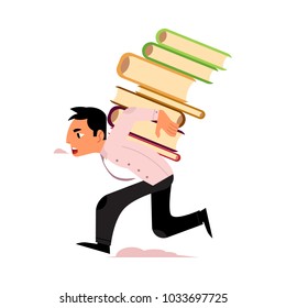 Vector flat exhausted tired man student or worker running carrying books pile at back. Overwork or studying exams concept. Education, work and stress concept. Isolated illustration