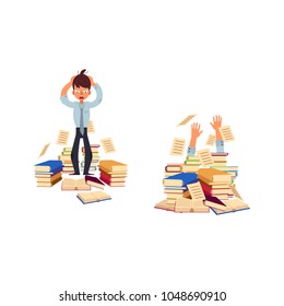 Vector flat exhausted tired shocked man student or worker standing holding hair with books pile at floor, man hands sticking out hardcover books set. Overwork studying exams. Education stress concept.