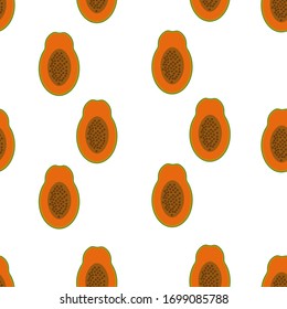 Vector flat exotic fruit illustration. Seamless pattern with colored papaya, s isolated on white. Design for textile, wrapping, kitchen, summer, wallpaper, poster, scrapbooking, packaging.