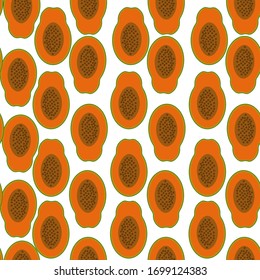 Vektorillustration flach exotische Obstgrafik. Nahtloses Muster mit farbigem Papaya, einzeln auf weiß. Design für Textilien, Umhüllung, Küche, Sommer, Tapete, Poster, Scrapbooking, Verpackung.