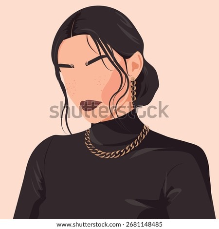 Vector flat faceless fashion illustration of a beautiful young woman in a black turtleneck and gold jewelry on her neck and ears.
