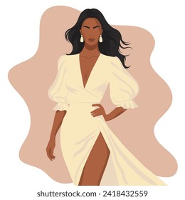 Ilustración sin rostro vectorial de una hermosa mujer africana con un vestido elegante con una cortina en la pierna.
