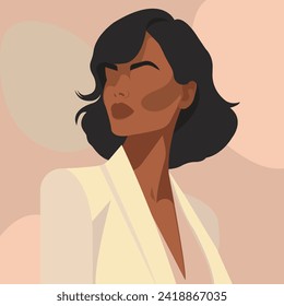 Vector flat faceless illustration of a sexy African woman in muted natural shades.
