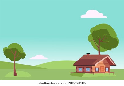 Vector flat fair weather summer landscape with small country wooden house and green trees on the green grass hills. Warm summer background in cartoon style. Free space for your text.