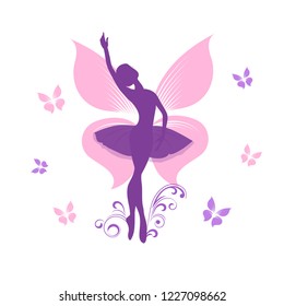 Vector flat fairy icon. Slender dancer with wings surrounded by butterflies. Ballerina on pointe. Silhouette of a sorceress. Moths