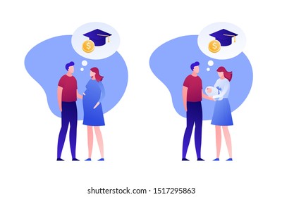 Vector flat family education saving person illustration. Man, woman and childs. Magister hat in talk bubble and money stack. Concept of future planning. Design element for banner, poster, web.