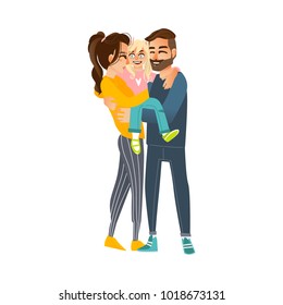 Vector flat family hugging. Adult couple mother and father hug blonde girl daughter kid, child. Happy male, female characters smiling. Isolated illustration, white background.