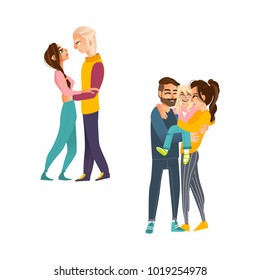 Vector flat family hugging. Adult couple mother and father hug blonde girl daughter kid, child, young couple holding hands. Happy male female characters smiling. Isolated illustration white background