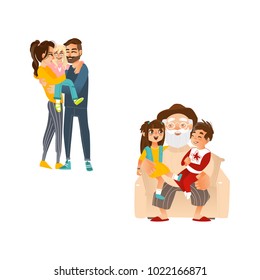 Vector flat family hugging. Adult couple mother and father hug blonde girl daughter kid, child, elderly senior grandfather hugging kids at armchair smiling. Isolated illustration, white background.