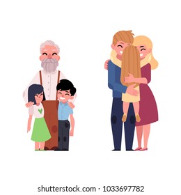 Vector flat family hugging. Adult couple mother and father hug blonde girl daughter kid, child, elderly senior grandfather hugging kids smiling. Isolated illustration, white background.