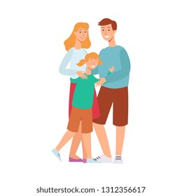 Vector flat family hugging. Adult couple mother and father hug blonde girl daughter kid. Happy male, female characters smiling. Isolated illustration