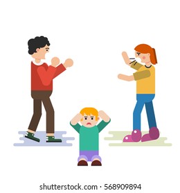 Vector flat family situation concept - the child suffers when parents quarrel. Screaming parents and boy sitting on floor in depression. Suitable design for animation