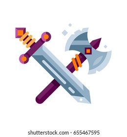 Vector flat fantasy weapons icon for the game design. Sword and ax, gaming object for app. Vector stock illustration.