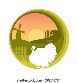 Vector flat farm animals papercut illustration with turkey silhouette