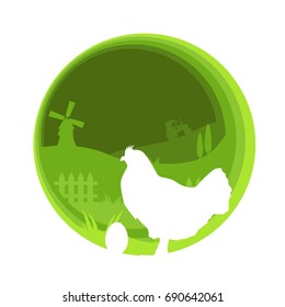 Vector flat farm animals papercut illustration with chicken and egg silhouette