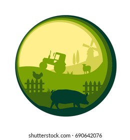 Vector flat farm animals papercut illustration with pig silhouette