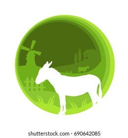 Vector flat farm animals papercut illustration with donkey silhouette