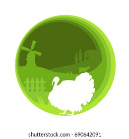 Vector flat farm animals papercut illustration with turkey silhouette