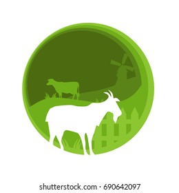 Vector flat farm animals papercut illustration with goat silhouette