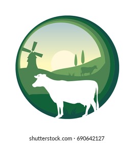 Vector flat farm animals papercut illustration with cow silhouette