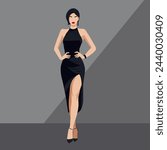 Vector flat fashion illustration of a beautiful sexy woman with an abstract face in an elegant black dress with bare shoulders and a slit on the leg.