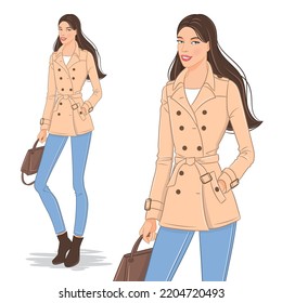 Vector flat fashion illustration of a beautiful stylish young woman wearing a trench coat and jeans. Fashion model, isolated on white background.