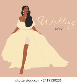 Vector flat fashion illustration of a beautiful young African bride in a luxurious wedding dress.
