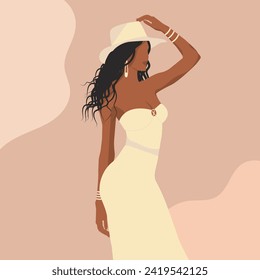 Vector flat fashion illustration of a beautiful African woman in a hat and stylish dress with bare shoulders on an abstract background in natural shades.
