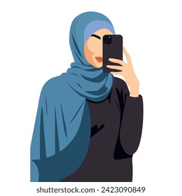 
Ilustración de moda vectorial plana de una hermosa mujer musulmana moderna con hiyab tomando un selfie.
