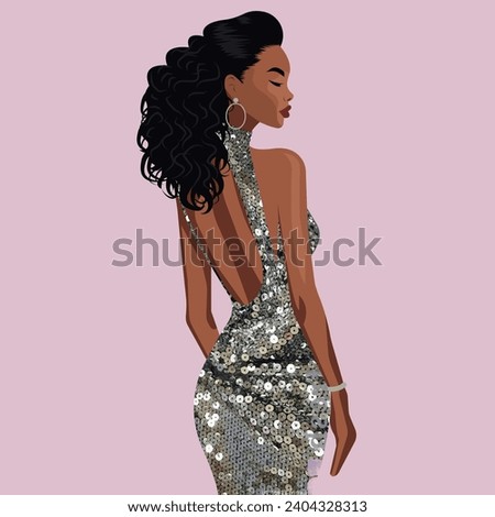 Vector flat fashion illustration, beautiful African woman posing in a luxurious silver backless dress with bare shoulders. Back view.
