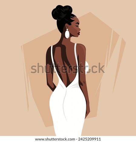 
Vector flat fashion illustration of a beautiful sexy African woman in an elegant white backless dress. Back view.
