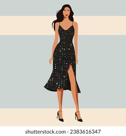 Ilustración vectorial de moda plana, elegante joven mujer con una bella figura en un lujoso vestido brillante de noche con hombros desnudos.
