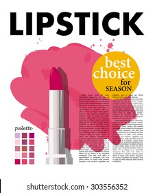 Vector Flat Fashion Illustration With Lipstick, Pink Paint Shade Strokes On Background, Yellow Label Design, Text Template, Color Palette On White Backdrop. Internet, Journal, Magazine, Book Article.