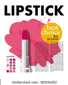 Vector flat fashion illustration with lipstick, pink paint shade strokes on background, yellow label design, text template, color palette on white backdrop. Internet, journal, magazine, book article.